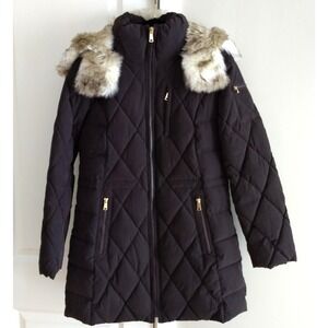 Nautica Quilted Puffer Parka Jacket Womens M Faux Fur Removable Hood Cinch Waist
